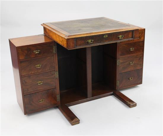 An early 19th century walnut Patent action leather topped campaign writing desk, by Ross & Co, Dublin, W.3ft 3in.